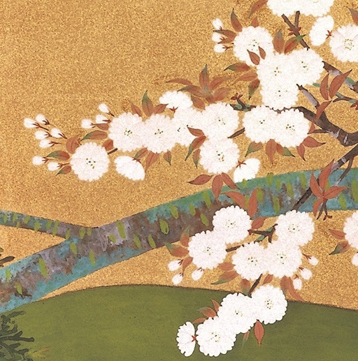  《桜花と杉樹》8面の内左から4つ目に描かれた八重桜